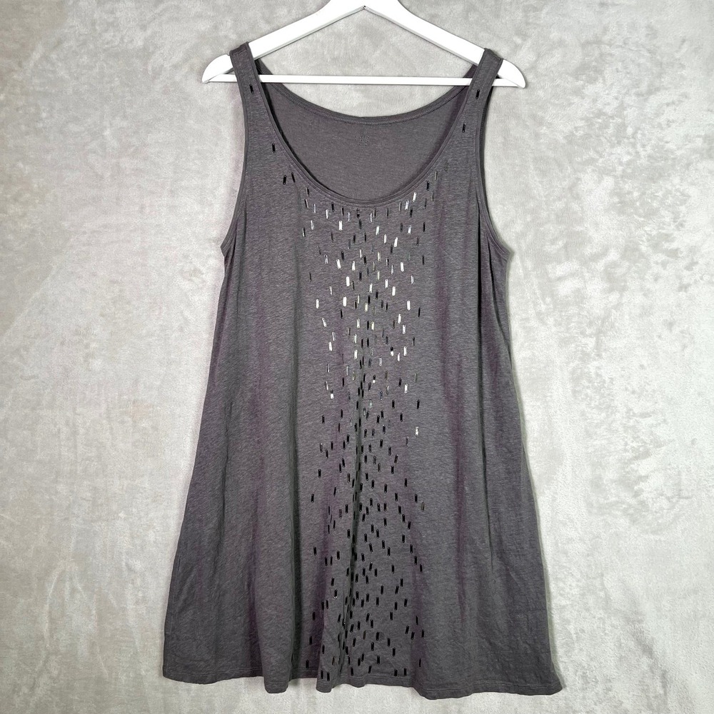 Eileen Fisher Long Tunic Tank Top Medium 100% Linen Gray Sleeveless Metal